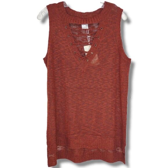 Grace & Lace Brown Sweater Tank‎ V Neck Cutout Lace Up Short Long NEW w tags - Picture 1 of 8